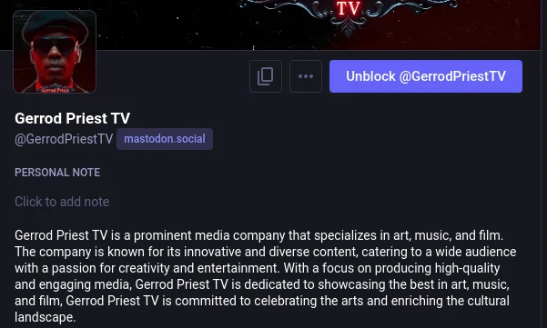 Social media profile with suspicious bio and stolen content.